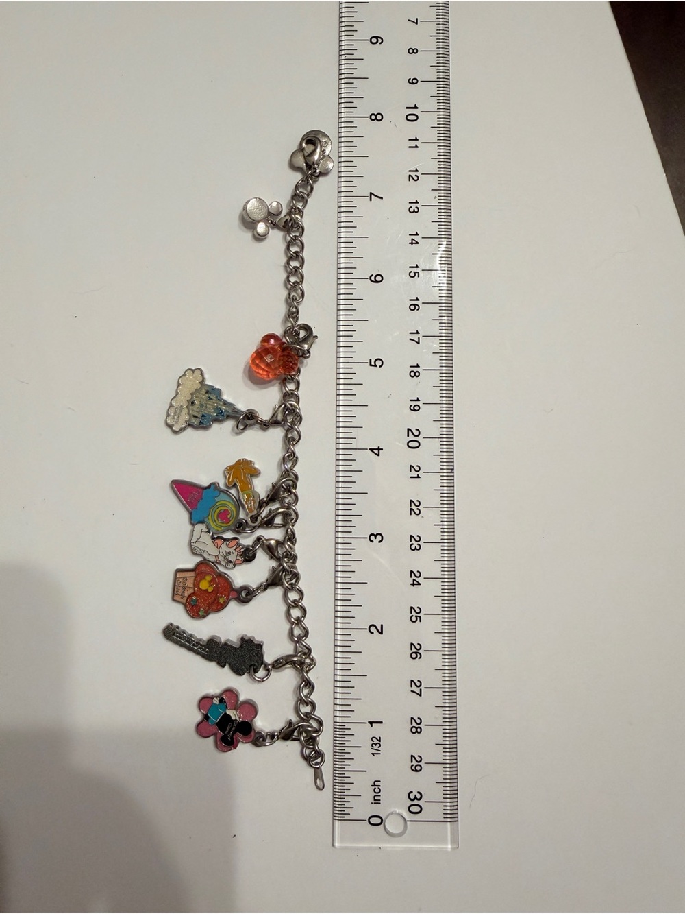 Disney Charm Bracelet 7 Signed Charms Castle Marie Eiffel Tower Minnie Pluto